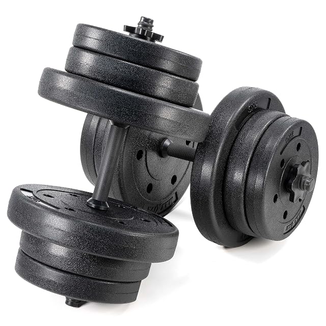 Pair of MAXXIVA spinlock dumbbell bars with black cement-filled plastic plates and star collars