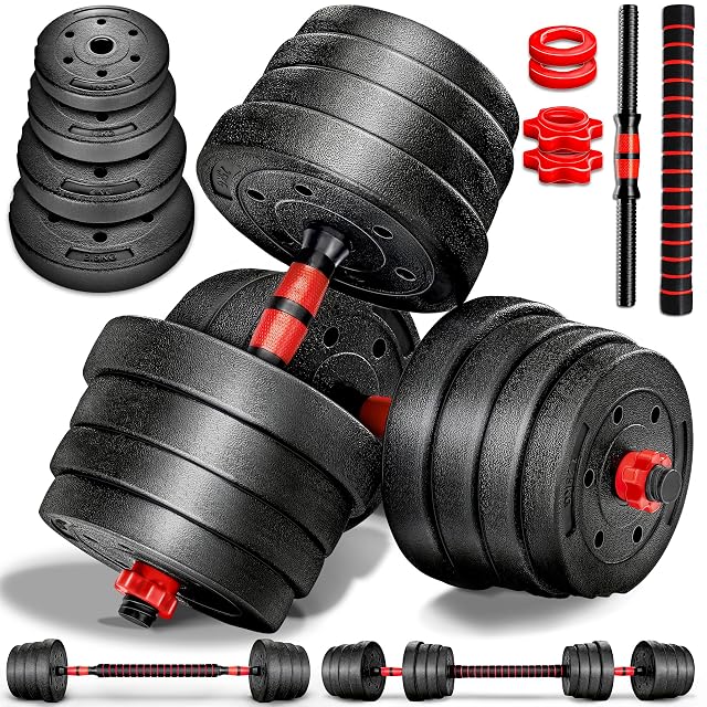 RE:SPORT two-in-one dumbbell set with metal bars, a padded 400 mm connecting tube and cement-filled plates