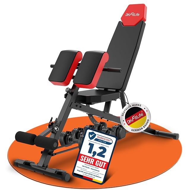 DH FitLife red and black 6-in-1 bench on an orange mat, dumbbells below and a Warentest Online 1,2 placard
