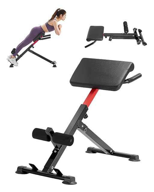 VEVOR roman chair in black with a red upright, angled hip pad and padded ankle rollers, shown folded too