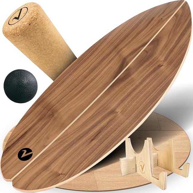 valuents walnut-brown board tipped on its cork roller, with a black ball and a pale wooden stand behind