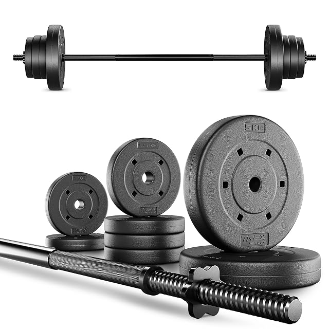 TREX SPORT 120 cm steel barbell with eight plastic-coated plates and two star collars