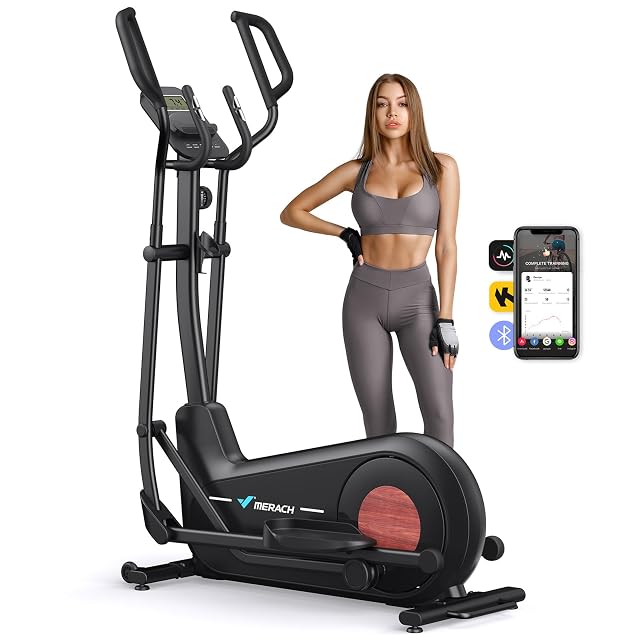 MERACH E27B3 cross trainer with a high-carbon steel frame and integrated LCD monitor