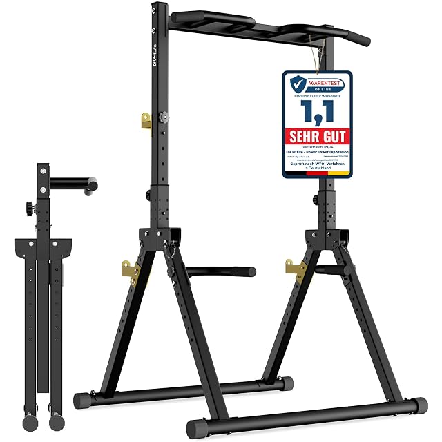DH FitLife folding power tower with triangular legs and gold barbell rests, a Warentest Online 1,1 card clipped on