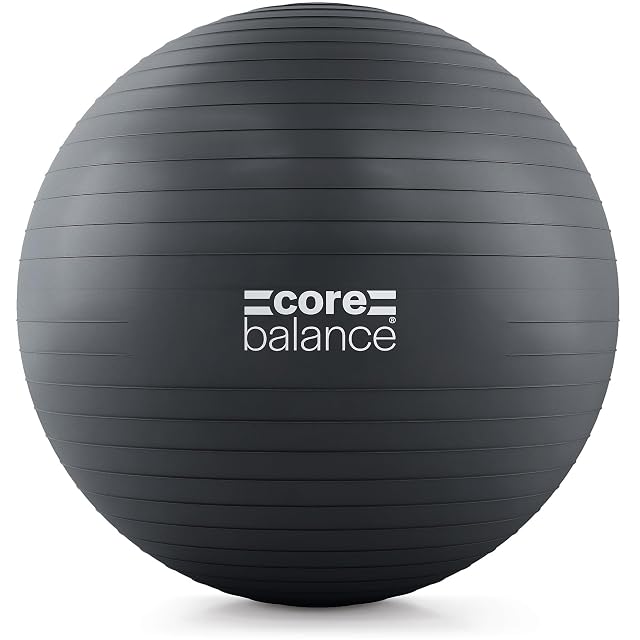 Core Balance ball alone on white, charcoal grey, close horizontal ribbing, the name across the middle