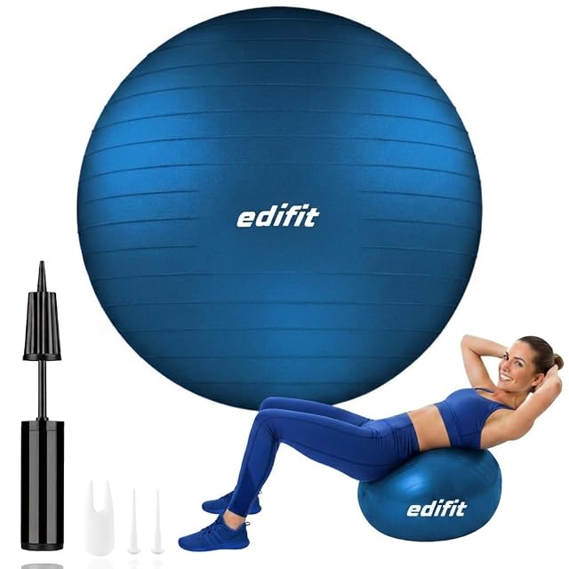 EDIFIT blue ribbed ball with its name across the front, a black stick pump and two nozzles beside it