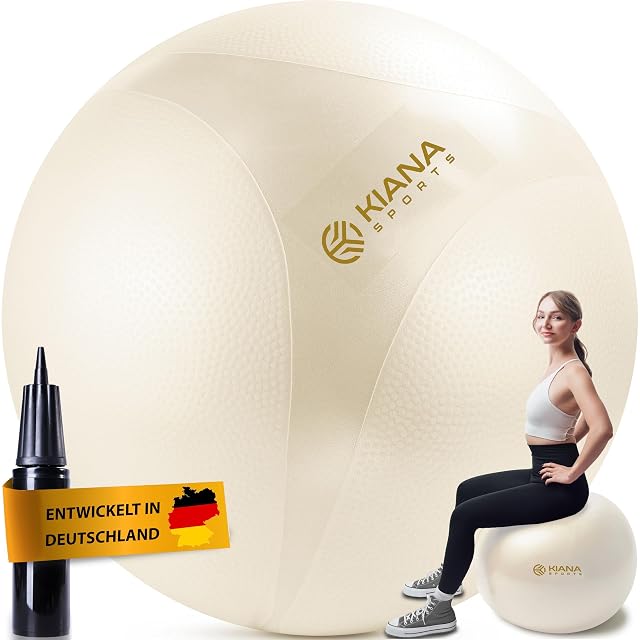 KIANA SPORTS ball in cream with a dimpled skin, a stick pump and an Entwickelt in Deutschland banner