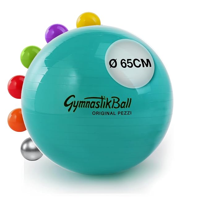 PEZZI GymnastikBall in green-turquoise marked Ø 65CM, a fan of other colours ranged behind it