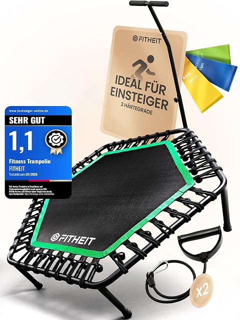 FITHEIT hexagonal bungee trampoline in green and black with handle, bands and a testsieger-online 1,1 badge