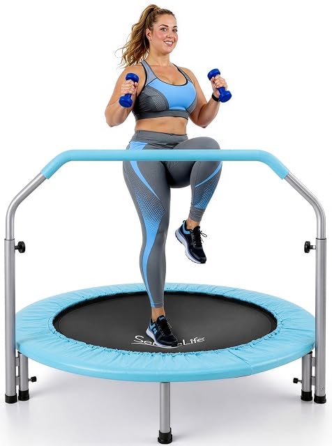 SereneLife light blue rebounder with a foam-padded U-shaped handrail on chromed uprights