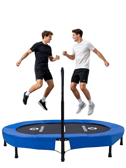 Welmotive dark blue oval fitness trampoline with an eight-foot frame and handrail
