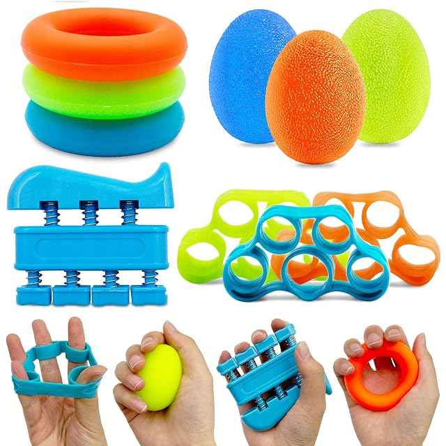 Muvkeesa ten-piece hand trainer set with bands, egg balls and grip rings