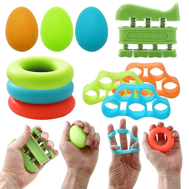 ZHYLUO ten pieces: three egg balls, three grip rings, three finger stretchers and a sprung finger trainer