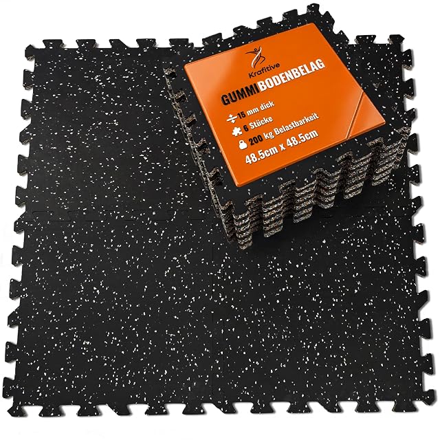 Krafitive black and white speckled solid rubber gym tiles with puzzle edges