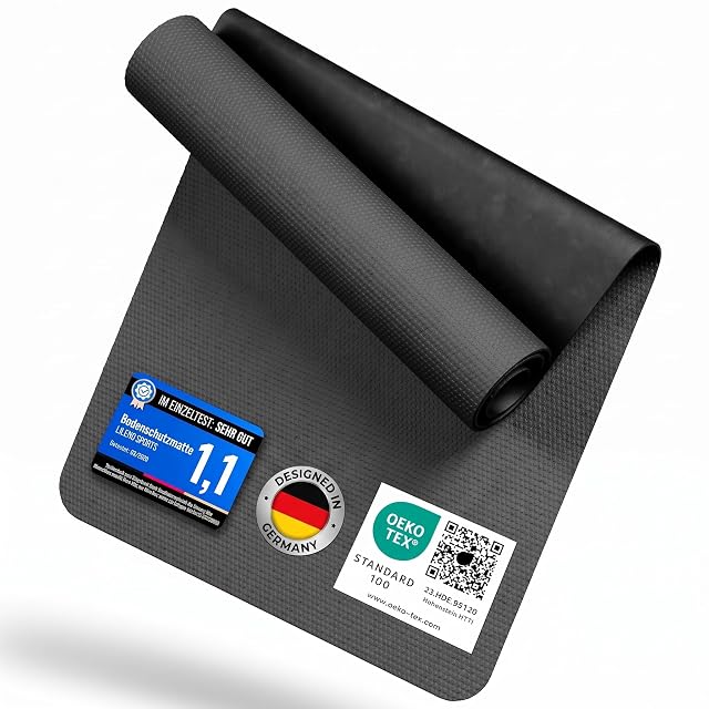 LILENO SPORTS mat rolled back at one corner, with a 1,1 test card, a Designed in Germany roundel and an OEKO-TEX label