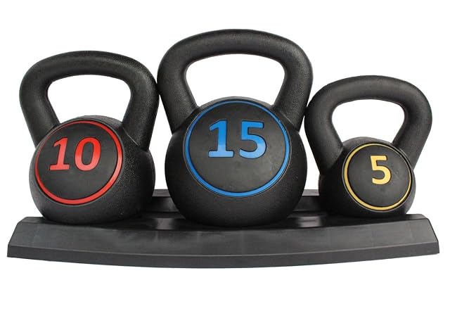 FUNJEPE three-piece kettlebell set in HDPE with a stand and colour-coded weights