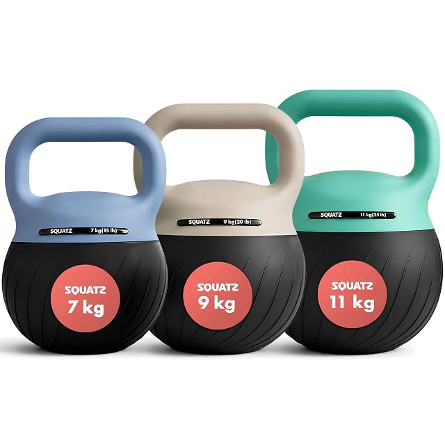 SQUATZ soft kettlebells at 7, 9 and 11 kg, black bodies under blue, sand and green handles