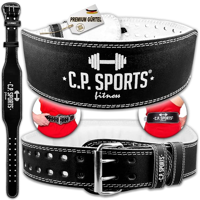 C.P. Sports black leather training belt with white inner face and double prong buckle