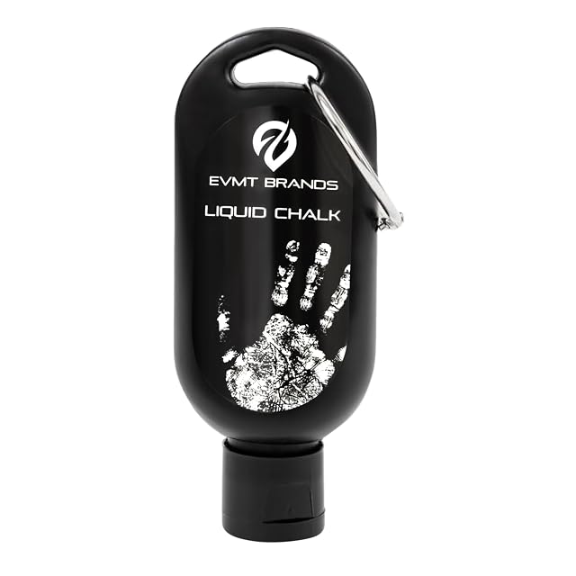 EVMT Brands black flask printed with a white handprint, a steel carabiner clipped through the top