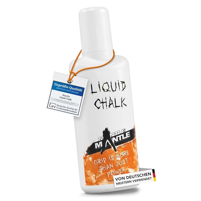 Mantle white bottle with an orange climber graphic, an IfV certified-quality tag on a cord round the neck