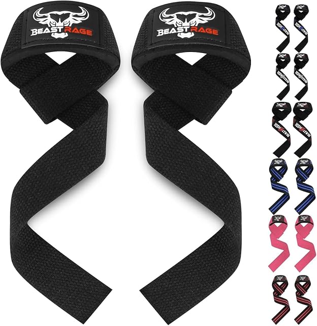 BEAST RAGE pair of padded black cotton lifting straps with neoprene wrist pads