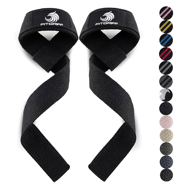 Fitgriff pair of padded black cotton lifting straps with left and right markings