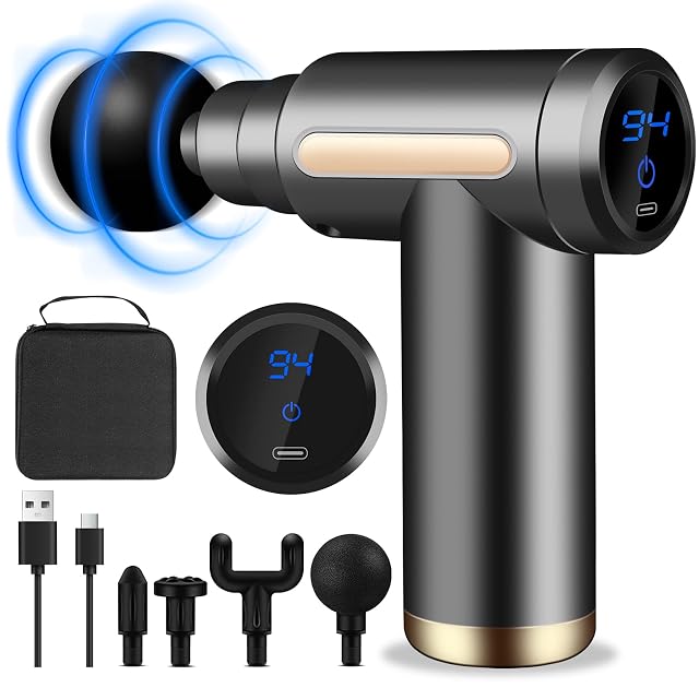 AQXONG mini massage gun with LCD display and four massage heads