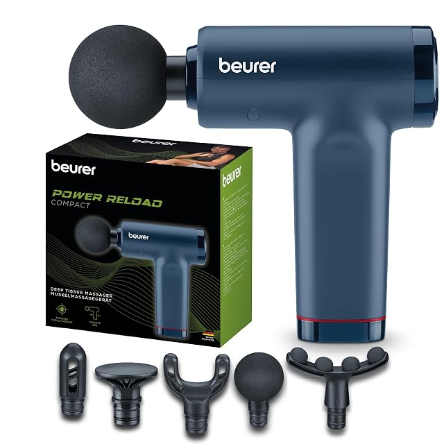 Beurer PowerReload compact in dark blue beside its green-and-black box, with five attachments laid out below