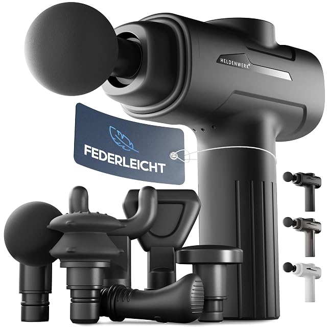 HELDENWERK mini massage gun with six heads and a narrow ergonomic grip
