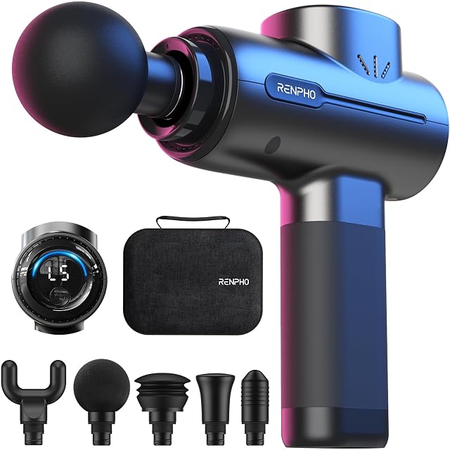 RENPHO GM171 in a blue-to-purple gradient finish, with its zipped case and five attachments below