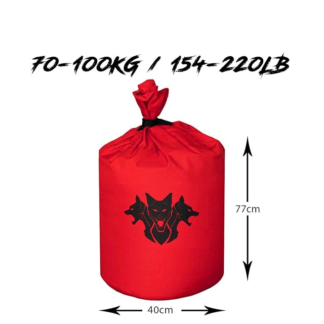 Cerberus Strength red filler liner tied at the neck, three-headed dog logo, sized 77 by 40 cm for 70 to 100 kg
