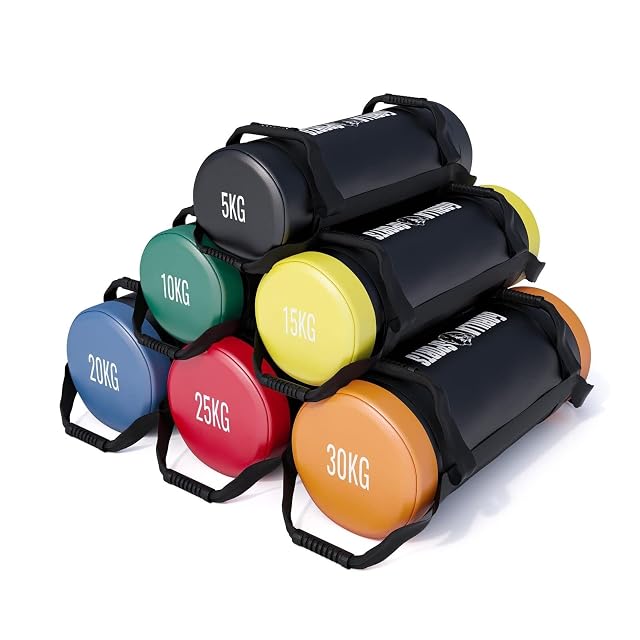A pyramid of GORILLA SPORTS power bags, each end cap a different colour and marked 5KG through 30KG
