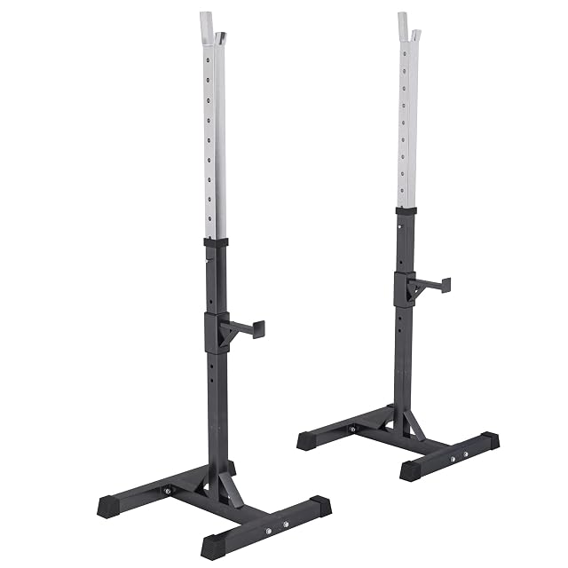 GORILLA SPORTS two free-standing squat stands, chromed upper posts drilled for height, black lower frames on T-shaped bases