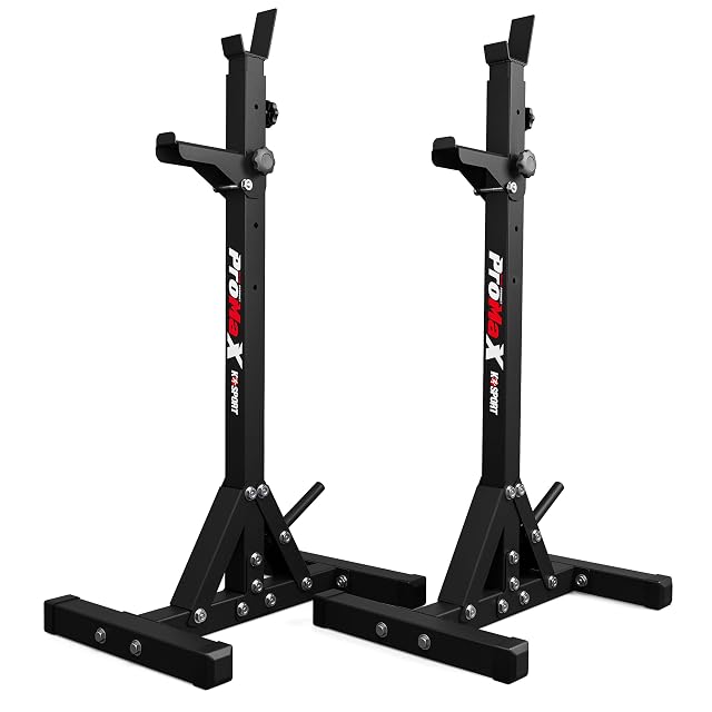 Two black K-Sport ProMaX squat stands with J-hooks, spotter arms and bolted triangular bases