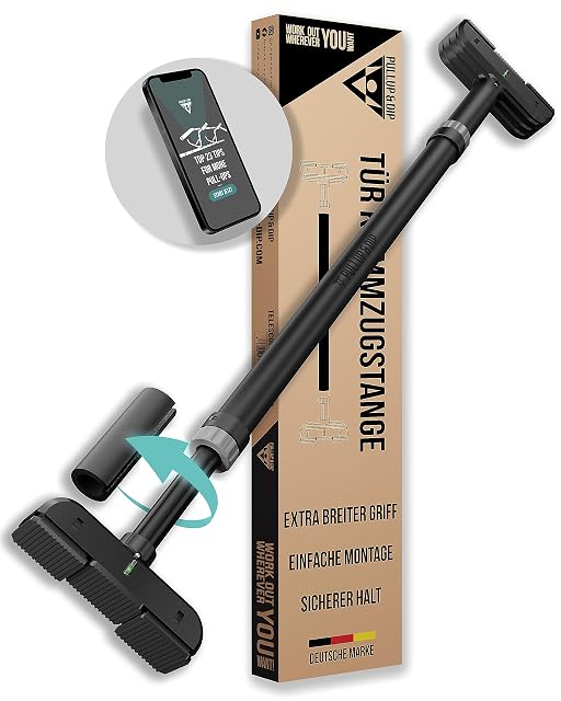 PULLUP & DIP telescopic doorway bar with adjustable padded grip sleeves