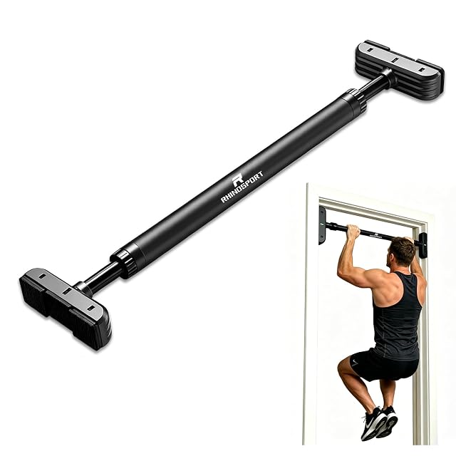 RHINOSPORT P5 doorway bar in matte black, EVA sheathing end to end, with wide ribbed wall pads