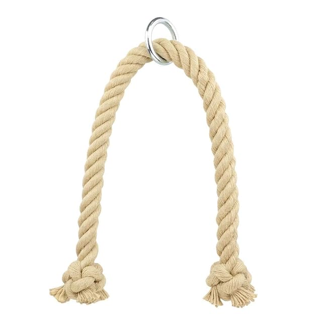 Kanirope pale polyhemp rope through a steel ring, each end finished in a knot rather than a moulded stop