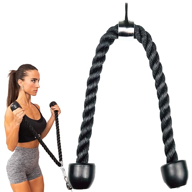 MuscleForge long black nylon triceps rope with a carabiner