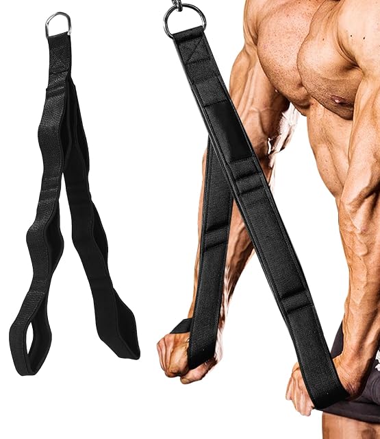 Yoxovo black padded webbing strap hanging from a D-ring, shown again being pulled down in use
