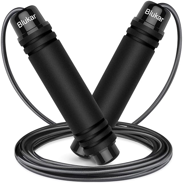 Blukar speed skipping rope with soft foam handles and a coated steel cable