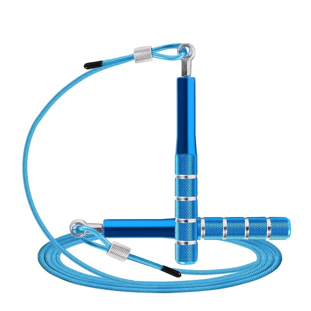 Wastou speed rope in bright blue, knurled aluminium handles with silver rings and a matching coated cable