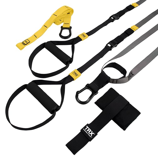 TRX GO straps in black, yellow and grey with door anchor, foam handles, foot cradles and a flat travel pouch