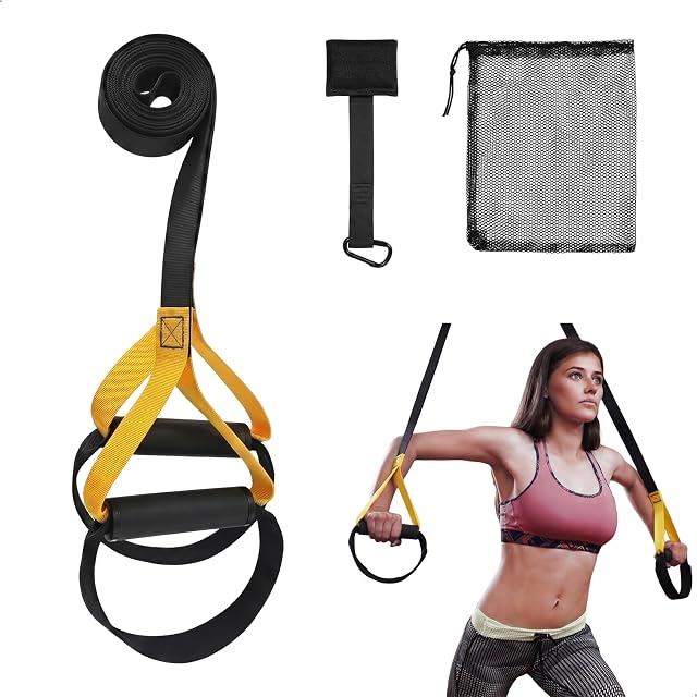 xtemtoamz suspension trainer set with foam handles, foot loops and a door anchor