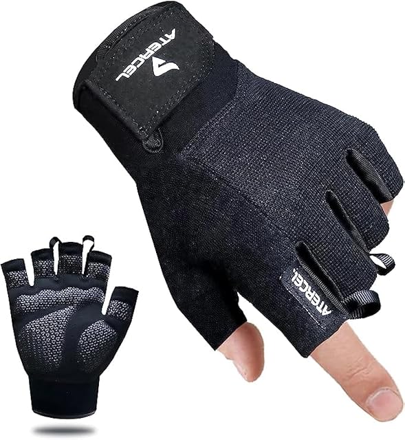 ATERCEL black half-finger glove worn, pull tabs at the fingertips, the padded grey palm shown inset