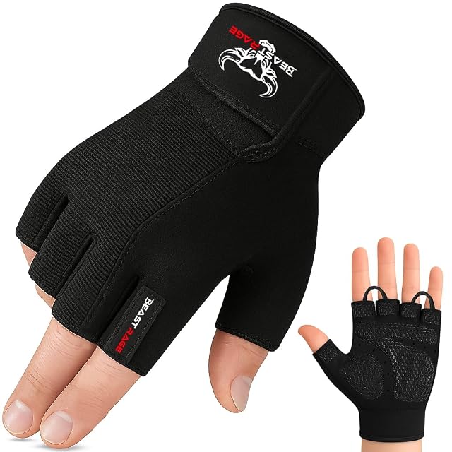 BEAST RAGE black half-finger training gloves with a textured silicone palm