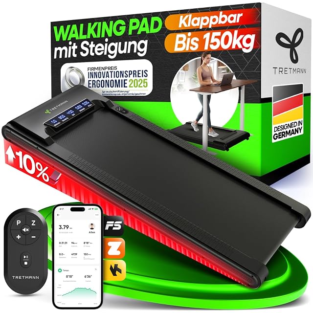 TRETMANN walking pad tilted on its 10 per cent incline, red underlighting, remote and app screen, box behind