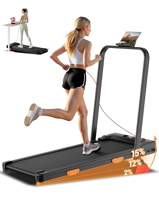 UMAY folding treadmill with adjustable incline and LCD display