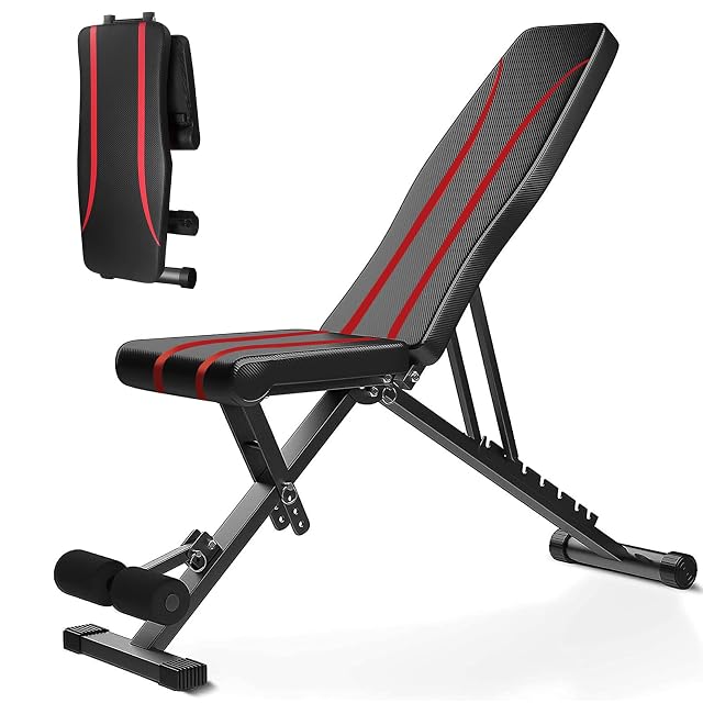 Folding bench with red-striped black padding, inclined backrest and a foam leg holder, shown folded as well