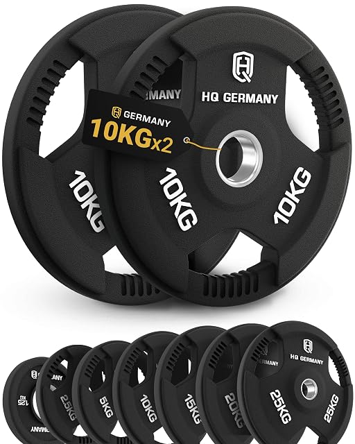 HQ Germany pair of black rubber-coated tri-grip plates of 10 kg with three hand holes