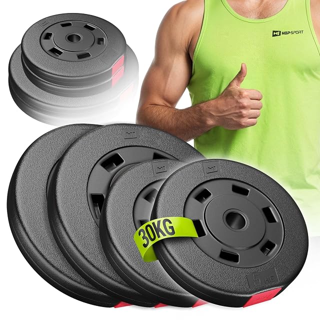 Hop-Sport set of four black plastic weight plates, two of 10 kg and two of 5 kg